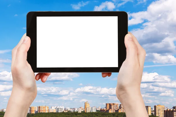 Smartphone and blue summer sky over city — Stock Photo, Image