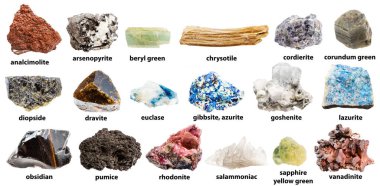 Beyaz zemin üzerinde izole edilmiş isimlere sahip jeolojik kolleksiyondan bir dizi doğal kaya örnekleri (corundum, safiri, chrysotile, asbestos, beryl, euclase, arsenopyrite, gibbsite, iolite, vs.)