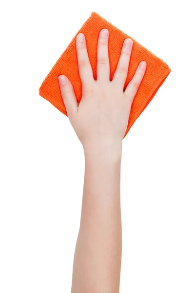 Bovenaanzicht van hand met oranje schoonmaken lap geïsoleerd — Stockfoto