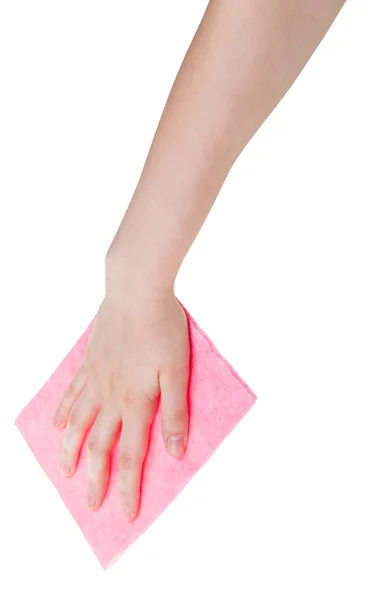 Mão com pano de limpeza rosa isolado em branco — Fotografia de Stock