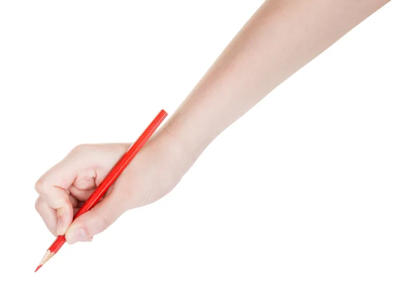 用红铅笔划上白色孤立手草稿 — 图库照片