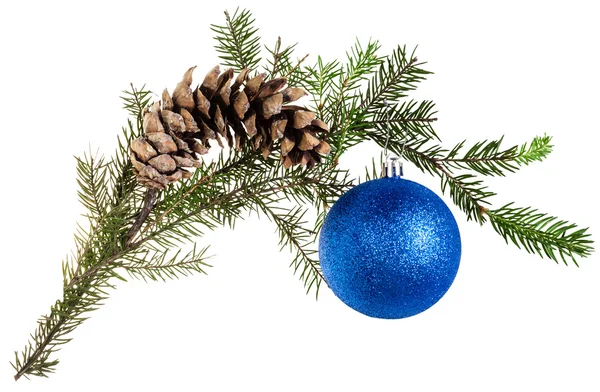 Twig of fir tree with cone and blue ball on white — Stock Photo, Image