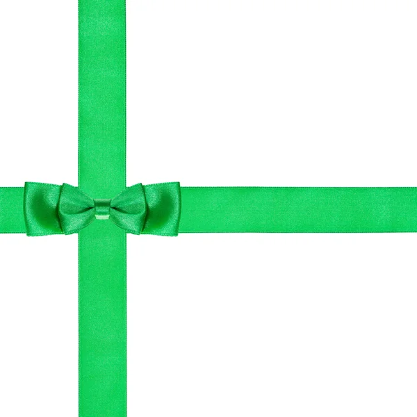 Double green bow knot on two crossing satin ribbon — Stock Photo, Image