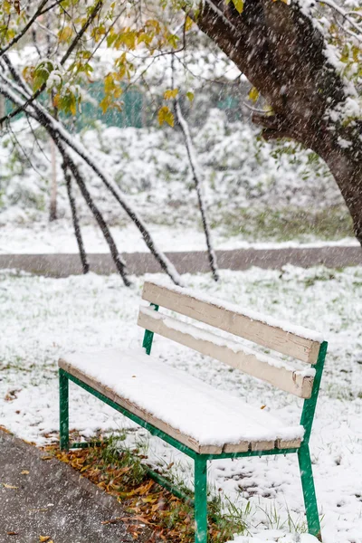 Queda de neve e primeira neve no banco no parque da cidade — Fotografia de Stock