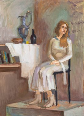 Resim stüdyosunda el boyasıyla boyanmış kadın model.