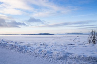 Şarap mevsiminde Rusya 'nın Murmansk Oblastı' na yolculuk. Soğuk kış gününde Kandalaksha kasabasındaki donmuş deniz kıyısının yüzeyi.