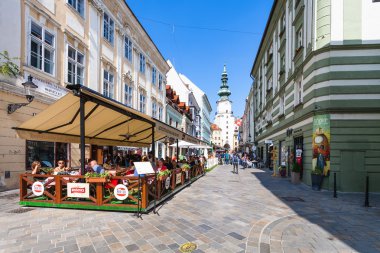 tourists in outdoor restaurants in Bratislava