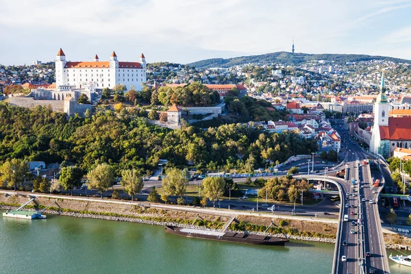 Danube waterfront and panorama of Bratislava city — Stock Fotó