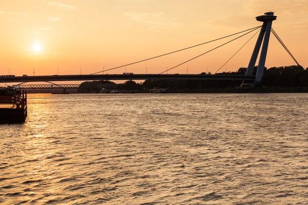 SNP bridge across Danube river at yellow dawn — Stock Photo, Image