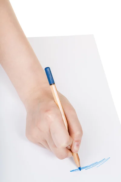 Dessine à la main au crayon bleu en bois sur feuille de papier — Photo