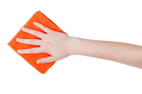 Bovenaanzicht van hand met oranje afvegen lap geïsoleerd — Stockfoto