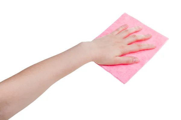 Mão com pano de lavagem rosa isolado em branco — Fotografia de Stock