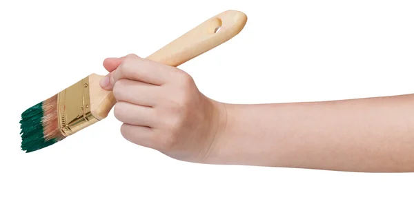 Schilder hand houdt borstel met groene verf — Stockfoto