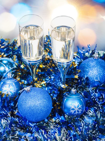 Two silver glasses in blue Xmas decorations — Stock Photo, Image