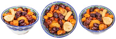 set of traditional ceramic bowls with dried fruits clipart