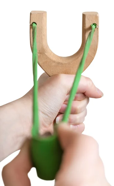 Aim and shoot from wooden slingshot isolated — Stock Photo, Image