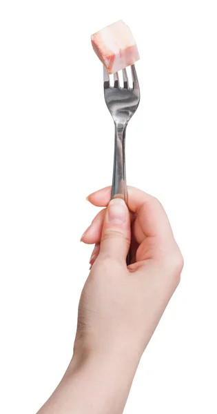 Hand holding dinning fork with piece of lard — Stock Photo, Image