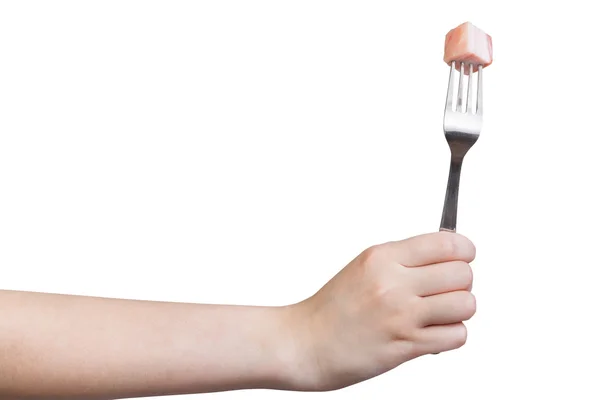 Side view of fork with piece of lard in hand — Stock Photo, Image