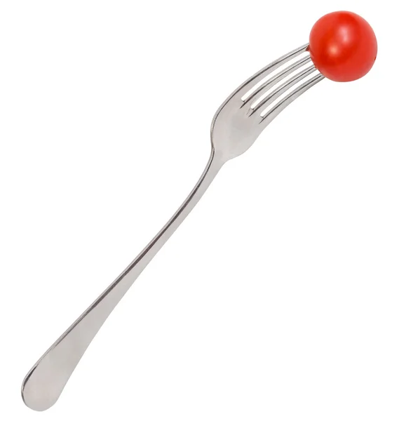 Garfo de jantar com um tomate cereja vermelho fresco — Fotografia de Stock