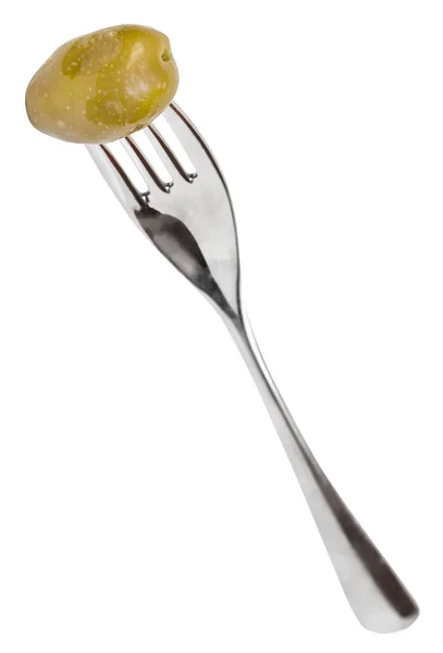 Fork with one green olive isolated on white — Stock Photo, Image