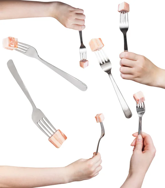 Set of dinning forks with impaled piece of lard — Stock Photo, Image