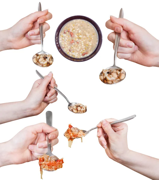 Set of hands holding spoons with various soup — Stock Image Set of hands holding spoons with various soup Stock Picture