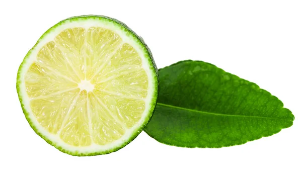 Slice of fresh kaffir lime fruit with leaf — Stock Photo, Image