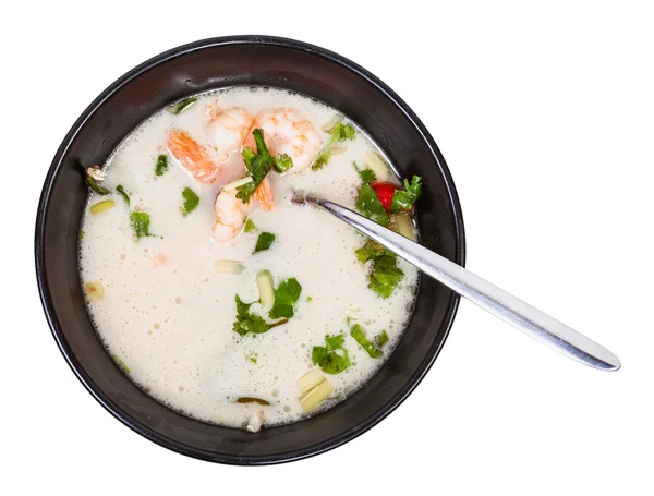 Top view of sour and spicy soup Tom yam in bowl — Stock Photo, Image