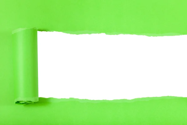 Green rolled-up torn paper on cutout background — Stock Photo, Image