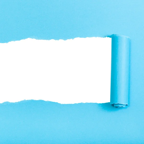 Blue rolled-up torn paper on square background — Stock Photo, Image