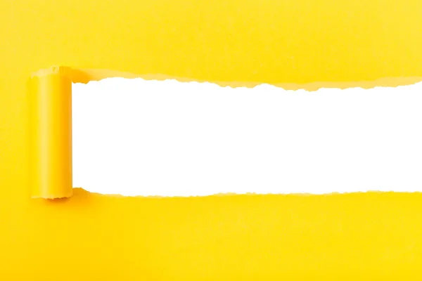 Yellow rolled-up torn paper on white isolated — Stock Photo, Image