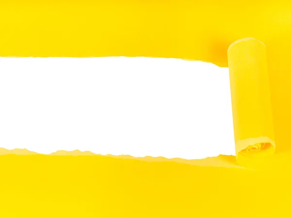 Dole widok żółty rzutowane rozdarty papier na białym — Zdjęcie stockowe