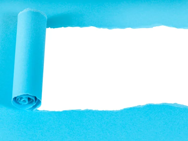 Bottom view of blue rolled-up torn paper on white — Stock Photo, Image