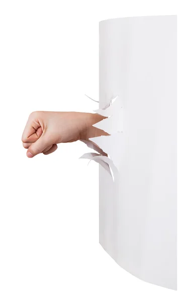 Side view of the fist punches a paper — Stock Photo, Image