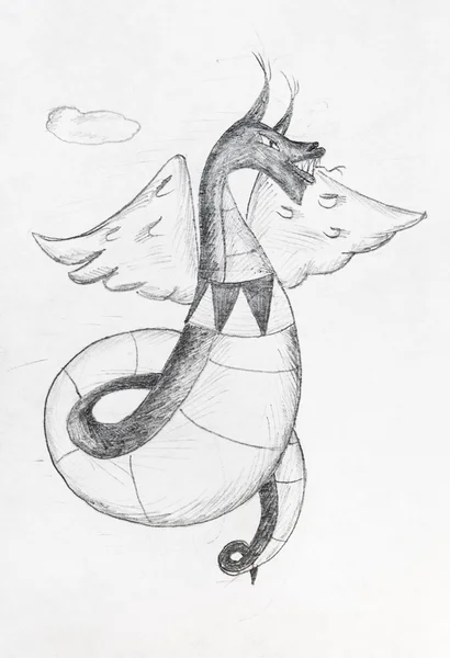 Winged dragon in sky by black pencil — Stock Photo, Image