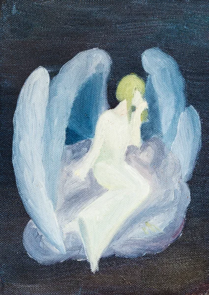 Oil painted white angel on cloud in black sky — Stock Photo, Image