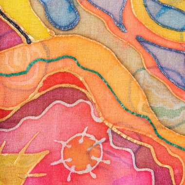 İpek batik sarı, kırmızı, mavi soyut desen