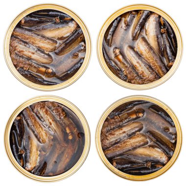 set of canned smoked sprats fish in oil in tin clipart