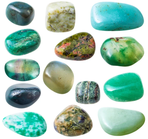 Set from 15 pcs green gemstones isolated — Stockfoto