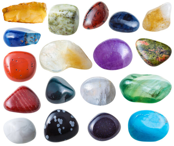 set from 18 pcs various gemstones isolated