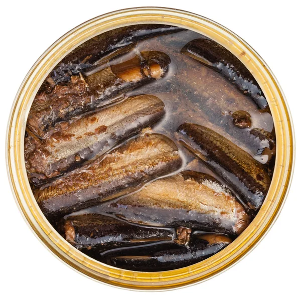Espadines ahumados enlatados pescado en aceite aislado —  Fotos de Stock