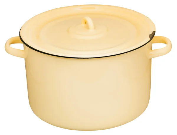 Velká žlutá smalt hrnec na polévku uzavřen víkem, samostatný — Stock fotografie