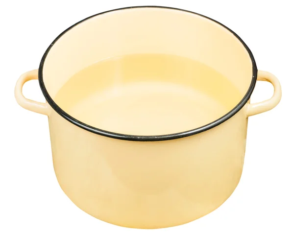 Classic yellow enamel saucepot with water isolated — Stock Photo, Image