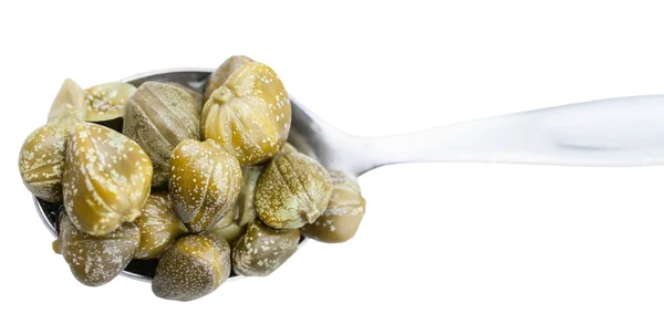 Top view of pickled capers in spoon isolated — Stock Photo, Image