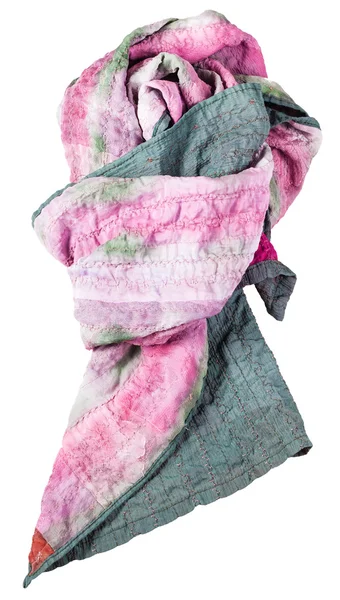 Knotted sewing green and pink batik silk scarf — Stock Photo, Image