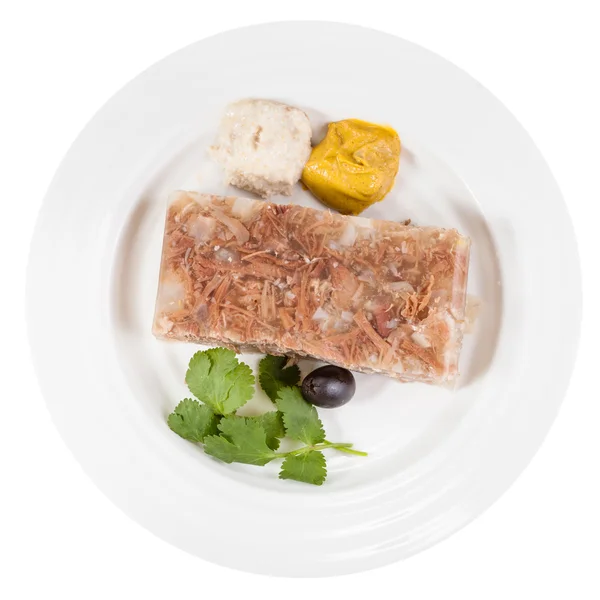 Top view of portion of meat aspic on white plate — Stock Photo, Image