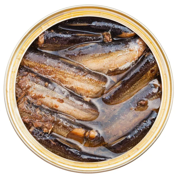 Pohled shora konzervovaného uzené šproty ryb v cínu — Stock fotografie
