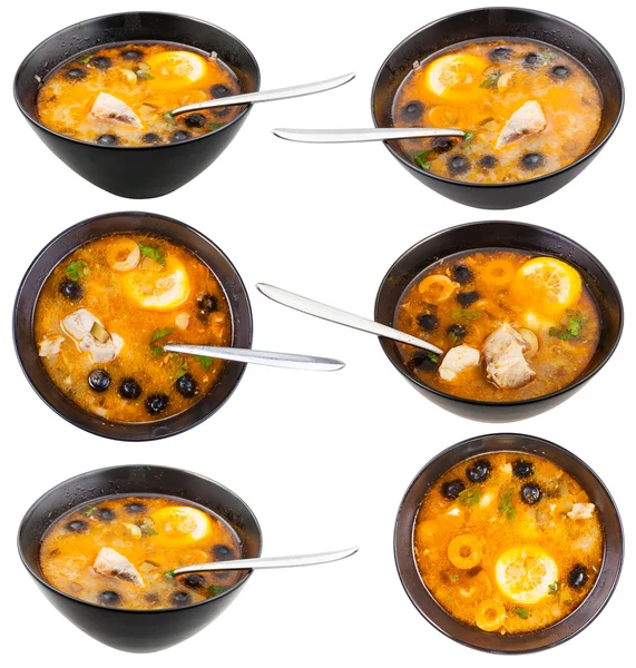 Set of bowls with Solyanka fish soup isolated — Stock Image Set of bowls with Solyanka fish soup isolated Stock Photo