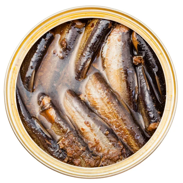 Fenti kilátás konzerv füstölt sprotni hal ón — Stock Fotó