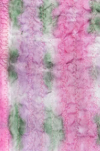 Hand painted stitched pink and green silk fabric — Stock Photo, Image